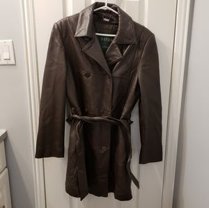 DANIER Brown Genuine Leather Belted Coat